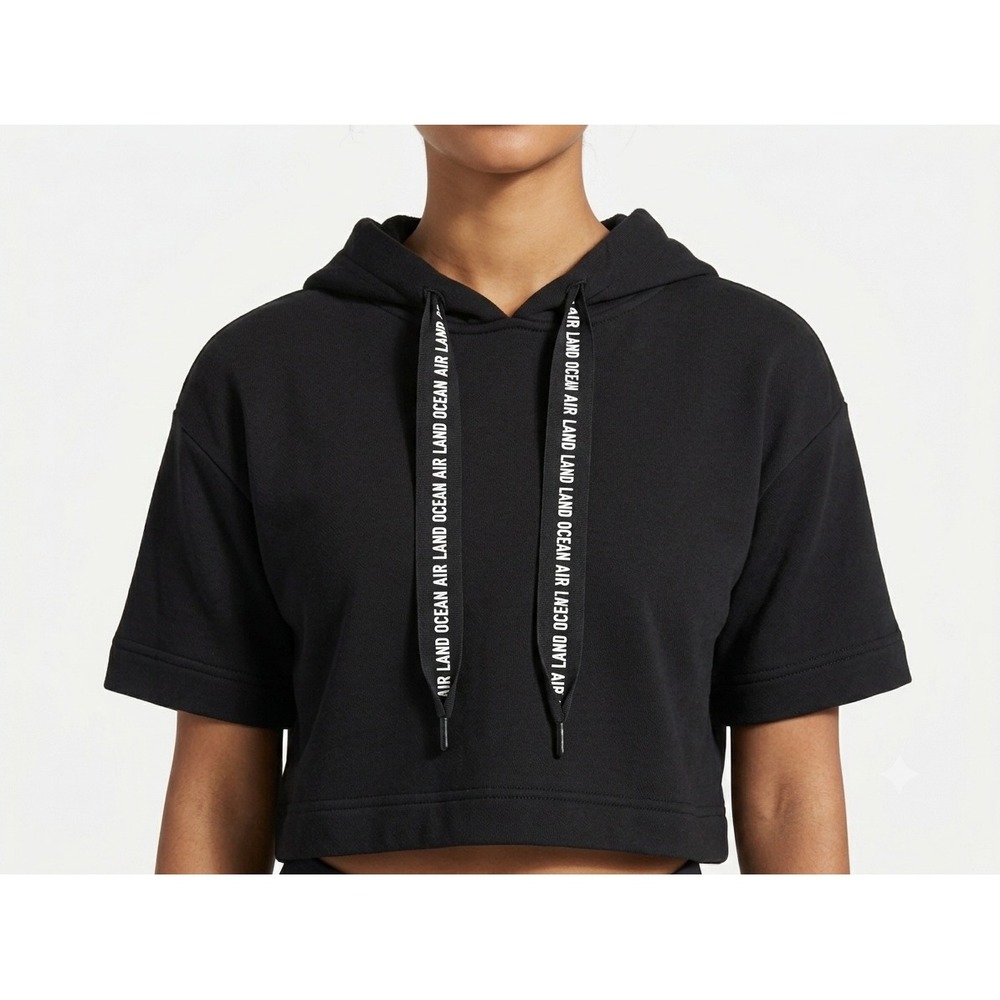 Alo Yoga Womens Short Sleeve Cropped Hoodie Black "Air Land Ocean" Drawstring